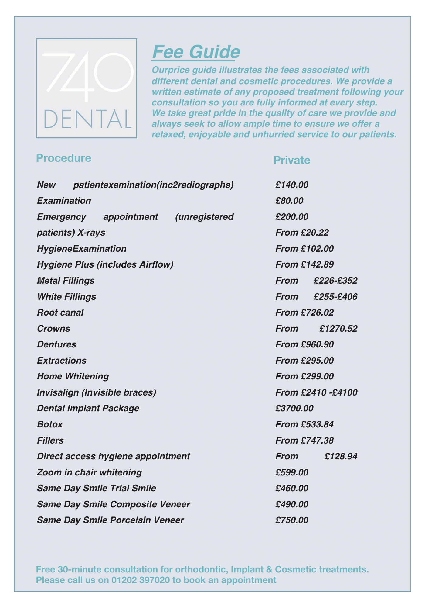 Invest In Your Smile: Fees - 740 Dental New Fees List 2026